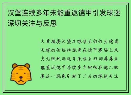 汉堡连续多年未能重返德甲引发球迷深切关注与反思